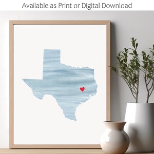 Texas of ELKE STAATskaart. Moederdag cadeau. Aquarel staatskunst. Staatskaart. Hart boven stad. Staatskunst afdrukbaar. Nieuw huis cadeau. Afdrukken.