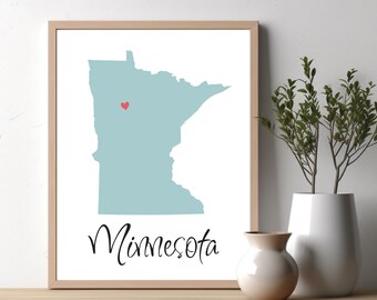 Landkarte von Minnesota. Zustand. Zustand Wall Art Print. Herz über Stadt. Personalisiertes Geschenk. Landkarte. Einweihungsgeschenk. Landhaus