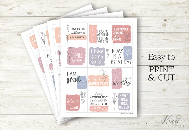 May include: Printable affirmation cards with positive messages like "I am great" and "I will try again". The cards have a light pink, blue, and gray color scheme with floral illustrations.