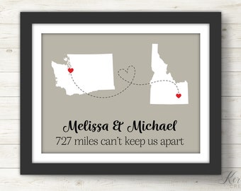 Two States or Countries. Going Away Gift. Moving Gift. Long Distance Love. Miles Can't Keep Us Apart. State Art Printable. Travel Map Print.