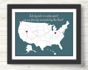 Side by Side or Miles Apart. State Map Print. USA State Map. Custom Map Gift. Printable. Gift for couple. State Art Print. Home Decor Map.