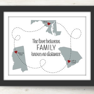 3 Staaten. Die Liebe zwischen Familie. Zustand Kunstdruck. Zustand Karte druckbar. Zustand zu Zustand Kunst. Ferngeschenk. Geschenk für Familie. Weggehen