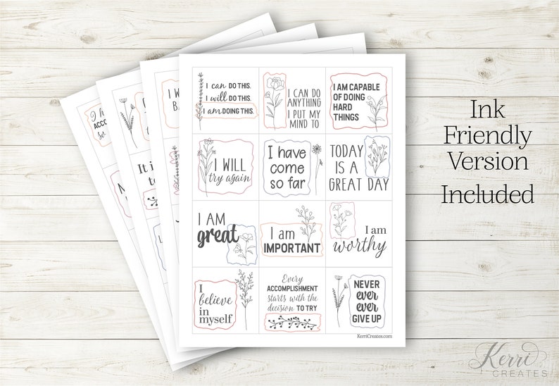 May include: Printable affirmation cards with positive messages like "I am great", "I will try again", and "Today is a great day". The cards feature simple floral illustrations and are designed to be printed and cut out.