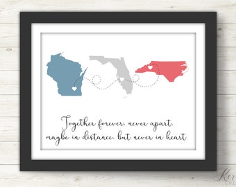 Moving Away Gift Print. Going Away Gift. Long Distance Best Friend Three State Map. Long Distance Relationship. Together Forever Family Gift