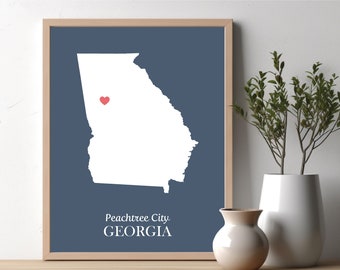 Georgia or ANY STATE. State Map Print. City and State. Heart over City. Personalized State Art Map. Housewarming gift. State Art Printable.