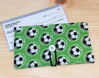 READY to SHIP - Soccer Checkbook Cover - with Closure. Fabric Checkbook Cover. Checkbook Wallet. Gift for her.