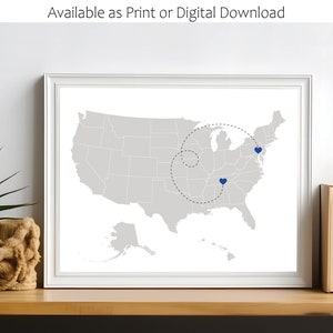 Zustand Karte Print. Kunstdruck von US-State to State Karte. Herz über Städte. Personalisierte Karte Geschenk. Zustand Kunstdruck. USA Zeichen. Große Distanz. Beweglich.