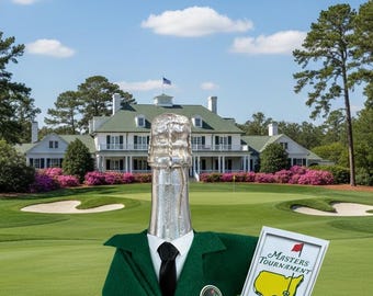 Masters Tournament green jacket wine or champagne or liquor bottle cover. golf club in hand