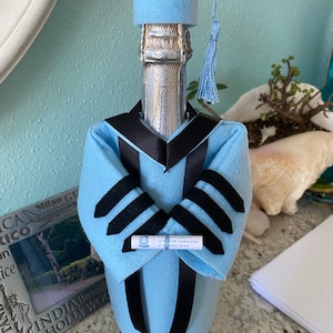 Personalize your colors,(be detailed) Law School Graduation Cap and Gown bottle cover, Graduate degree, masters degree, Graduation Gift.