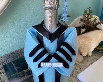 Personalize your colors,(be detailed) Law School Graduation Cap and Gown bottle cover, Graduate degree, masters degree, Graduation Gift.