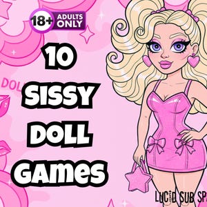 Könnte beinhalten: Rosa Cartoon-Illustration mit dem Text "10 Sissy Doll Games" und einer blonden Frau in einem rosa Kleid. Das Bild enthält den Text "18+ Adults Only" und eine rosa sternförmige Handtasche.