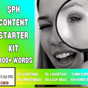 May include: A black and white image of a woman looking through a magnifying glass. Text on the left reads "SPH CONTENT STARTER KIT 5900+ WORDS." Additional text lists content: captions, hashtags, photo ideas, clip ideas, and mini scripts.