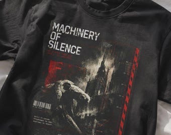 Machinery of Silence graphic tee | Industrial dystopian design, dark cityscape
