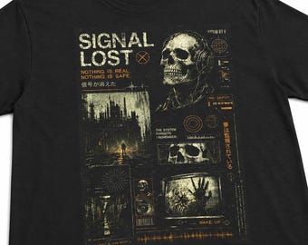 Signal Lost skull poster Tee | Post-Apocalyptic city, film strip horror design