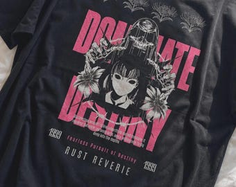 Gothic Anime Portrait T-Shirt | Dark Pink Retro Text