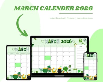 Calendario imprimible de marzo de 2026, planificador del Día de San Patricio (descarga digital)