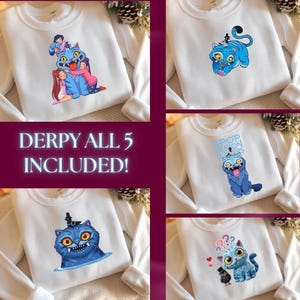Könnte beinhalten: Eine Kollektion aus fünf weißen Sweatshirts mit Rundhalsausschnitt, die jeweils eine einzigartige Grafik einer blauen Katzenfigur zeigen. Die Designs umfassen verschiedene Posen und Interaktionen mit anderen kleinen Figuren.