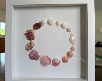 Pink to white gradient circle shell art - framed. 8x8 inches