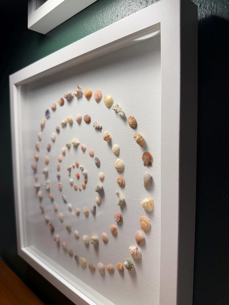 May include: A white framed artwork displaying a spiral pattern of seashells in beige, tan, and orange hues. The shells are arranged on a white canvas, encased within a white wooden frame, offering a coastal aesthetic.