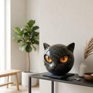 May include: A spherical black marble-patterned cat head sculpture featuring large, glowing amber eyes. The sculpture rests on a square black slate base, showcasing intricate veining throughout the dark surface and detailed feline facial features.