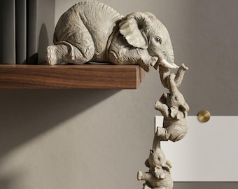 Elephant Family Figurine Set, Resin Mother & Baby Elephant Shelf Decor, Hanging Elephant Sculpture, Nursery Gift, Home Accent
