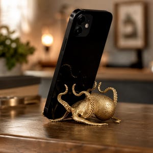 May include: A gold-colored metal phone stand shaped like an octopus with textured tentacles that curve upward to hold a black smartphone in an upright position. The octopus figure features a rounded head and multiple detailed, suction-cupped arms.