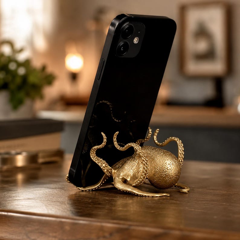 May include: A gold-colored metal phone stand shaped like an octopus with textured tentacles that curve upward to hold a black smartphone in an upright position. The octopus figure features a rounded head and multiple detailed, suction-cupped arms.
