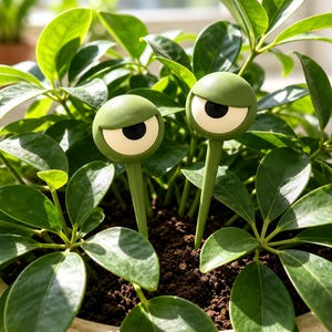 May include: Two green, spherical plant stakes featuring large, wide-open eyes with black pupils and white sclera. Each stake has a long, slender green stem inserted into dark brown soil, positioned among the green leaves of a potted plant.