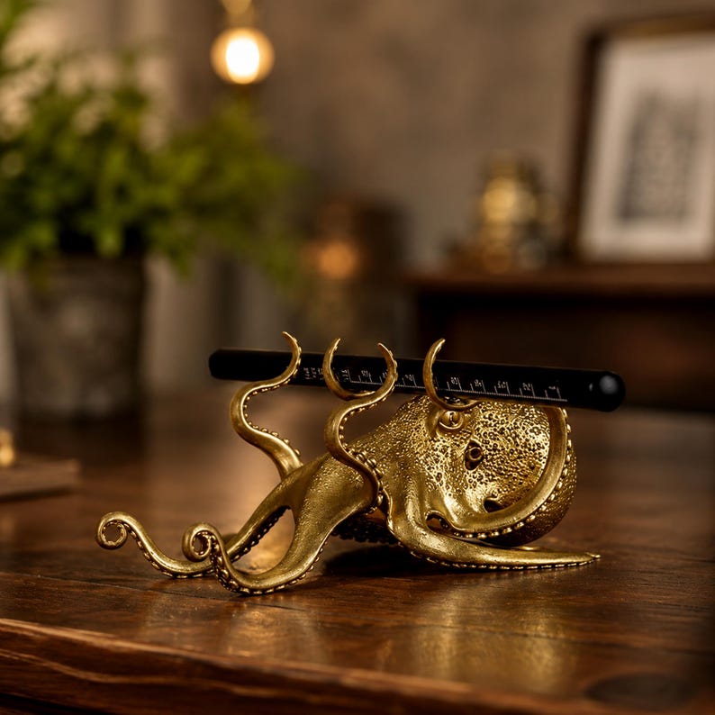 May include: A gold-colored octopus figurine with a textured surface, featuring multiple curved tentacles that act as a holder for a black pen. The pen is marked with a ruler showing measurements in inches, with the visible scale reaching up to 5 inches.