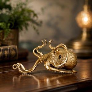 May include: A metallic gold-colored octopus figurine with a textured, granular surface. The sculpture features a rounded mantle and multiple curved tentacles extending outward, showcasing detailed suction cups along the underside of each limb.