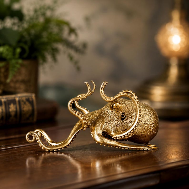 May include: A metallic gold-colored octopus figurine with a textured, granular surface. The sculpture features a rounded mantle and multiple curved tentacles extending outward, showcasing detailed suction cups along the underside of each limb.