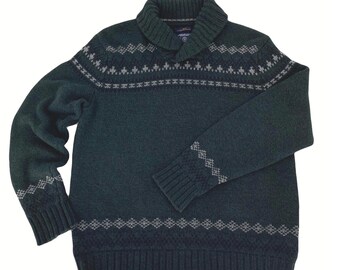 Sweter męski vintage z kołnierzem szalowym Fair Isle, rozmiar XL, leśnozielony, dzianinowy, z mieszanki bawełny Academia Dark Academy