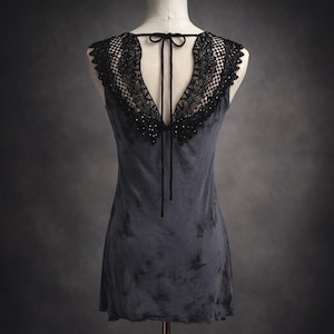 Vintage Y2K Dark Fairy Tank Top Grey Black Lace Sequined Wings Open Back Asymmetrical Witchy Goth Fairycore Grunge Alt Ethereal Crow Raven