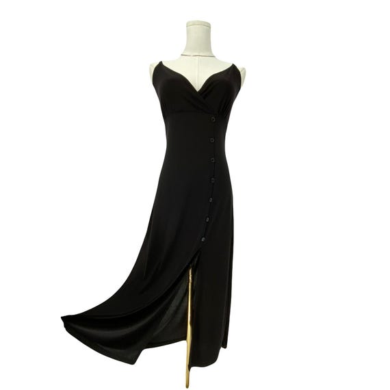 90s black midi dress Vintage 90s Black Midi Dress Faux Wrap Bodice Button Detail Grunge Minimal