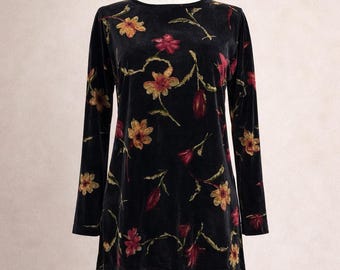 Blusa túnica vintage de terciopelo con estampado floral oscuro de los 90, estilo romántico oscuro, de manga larga, elástica, de terciopelo, estilo bruja, estilo gótico, hadas, grunge, talla M.