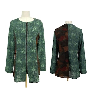 Patchwork Bouclé Knit Boho Sweater Jacket Zip Up Green Earthy Size Large Cottagecore Art To Wear Cardigan