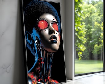 May include: Framed art print featuring a futuristic portrait. The subject has red, circular eye designs and a blue and metallic color scheme. The artwork is leaning against a white marble wall, with a window and greenery in the background.