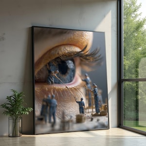 Puede incluir: Impresión artística enmarcada que presenta un primer plano de un ojo humano con iris azul y largas pestañas. Figuras en miniatura en azul trabajan en el ojo, creando una escena surrealista e imaginativa. La obra de arte se exhibe cerca de una ventana.