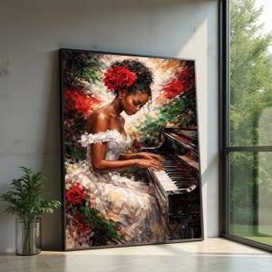 Könnte beinhalten: Ein gerahmtes Kunstwerk zeigt eine Person, die ein Klavier spielt. Die Person trägt ein weißes Kleid und hat rote Rosen im Haar. Das Kunstwerk ist vor einem Hintergrund aus rotem und grünem Laub angeordnet.
