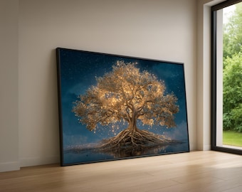 Lienzo de árbol dorado encantado, arte mural de cielo nocturno mágico, decoración del árbol de la vida iluminado, lienzo de naturaleza fantástica, bosque místico