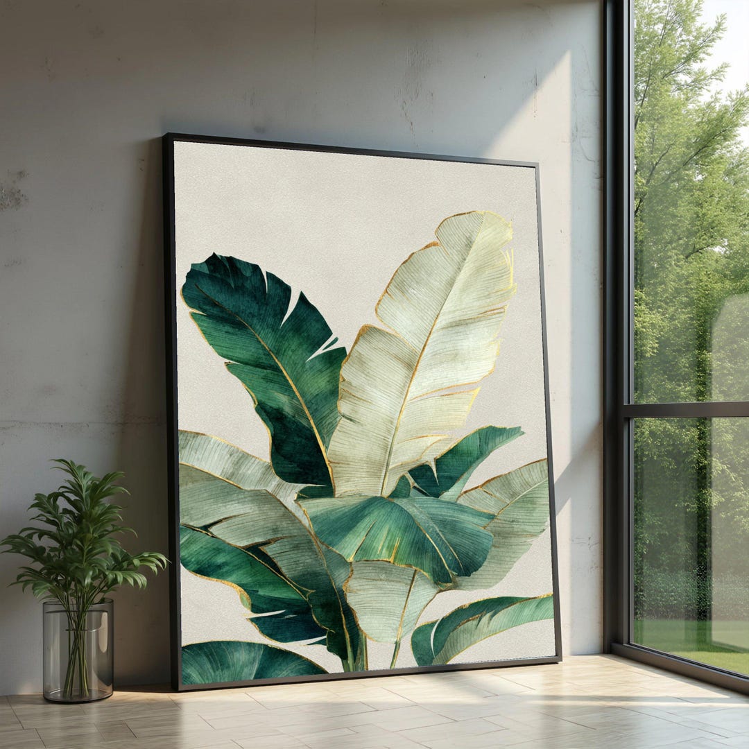 Elegant Tropical Banana Leaves Canvas, Green and Gold Leaf Wall Art ...