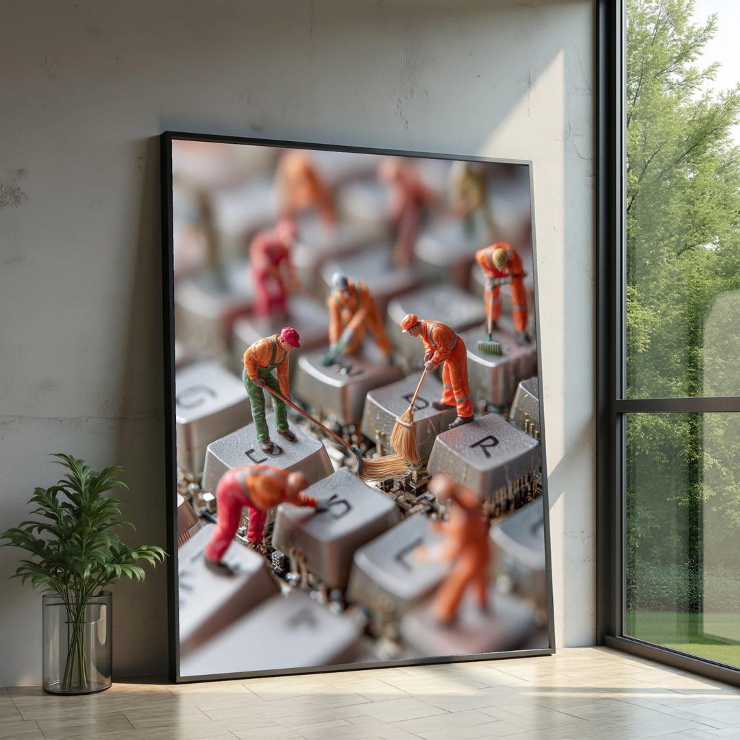 Miniature Workers Cleaning Keyboard Canvas, Creative Technology Art ...