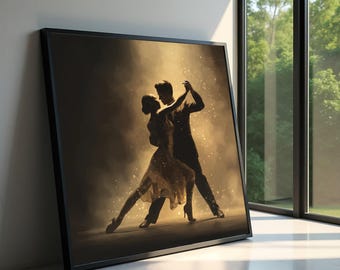 Elegant Tango Dance Silhouette Canvas, Romantic Dance Wall Art, Gold and Black Ballroom Dancing Decor, Couples Art Canvas, Modern Home