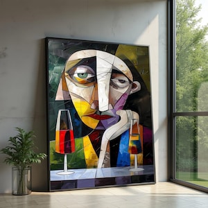 May include: Abstract painting of a person with a wine glass. The artwork features a geometric style with bold colors like red, yellow, and blue. The person is depicted with a thoughtful expression, resting their chin on their hand.