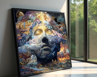 Lienzo de rostro humano místico, arte mural abstracto surrealista, paisaje onírico cósmico, decoración espiritual para el hogar, lienzo imaginativo