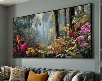 Tropical Rainforest Canvas Wall Art, Vibrant Exotic Flowers, Lush Jungle Landscape, Botanical Garden Decor, Nature Canvas