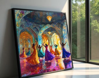 Colorful Indian Dance Scene Canvas, Ethnic Women Dancing Art, Vibrant Culture Wall Art, Traditional Ritual Canvas, Ready to Hang Home Decor