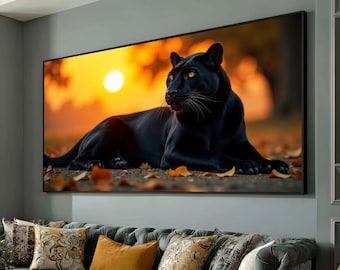 Tela com Pantera Negra Majestosa, Arte da Vida Selvagem ao Pôr do Sol, Impressão da Natureza de um Felino Feroz, Decoração de Parede com Animais Exóticos, Tela de Safári