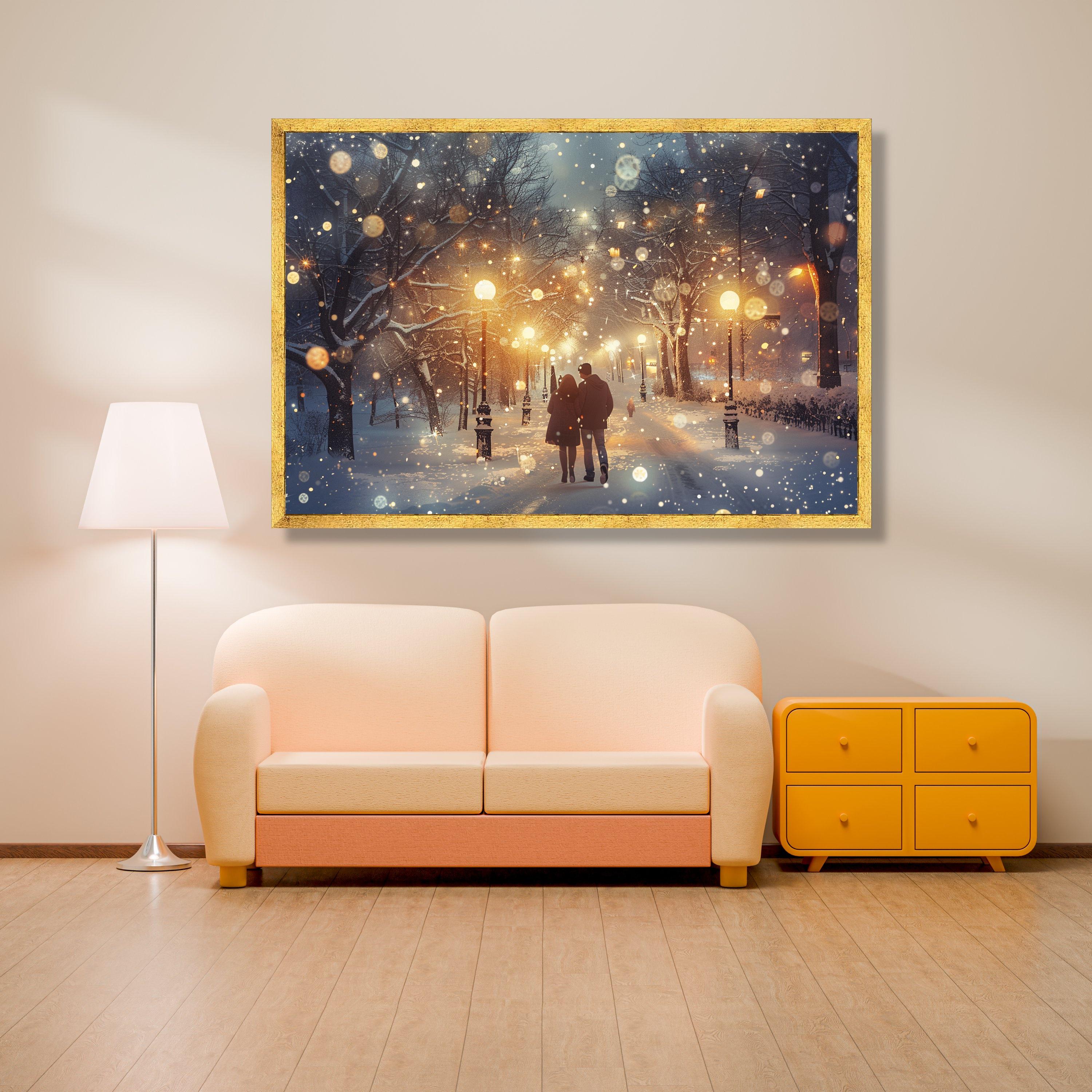 Romantic Winter Evening Walk Canvas, Snowy Park Scene Wall Art