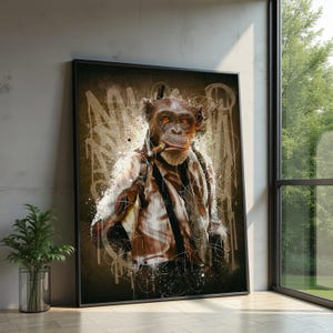 Retro Cool Chimpanzee Canvas, Vintage Style Monkey with Cigar Wall Art, Urban Animal Portrait Canvas, Unique Home Decor, Ready to Hang